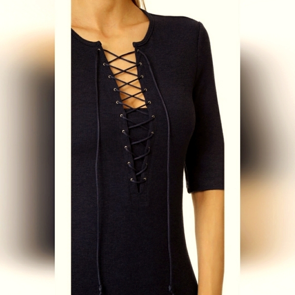 Derek Lam 10 Crosby Elegant Black Midi Dress. Short Sleeves. Knit Ribbed Lace Up - Picture 2 of 15